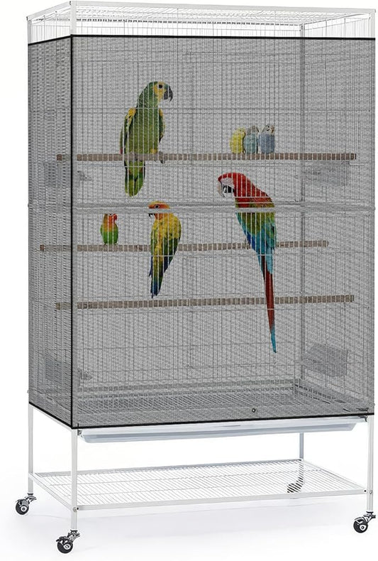 Bissap Bird Cage Seed Catcher, 90-118‘’ Universal Birdcage Net Nylon 31.8'' H Adjustable Elastic Band Stretchy Skirts Mesh Cover for Parrot Cage Seed Guard (Not Include Birdcage)- Black