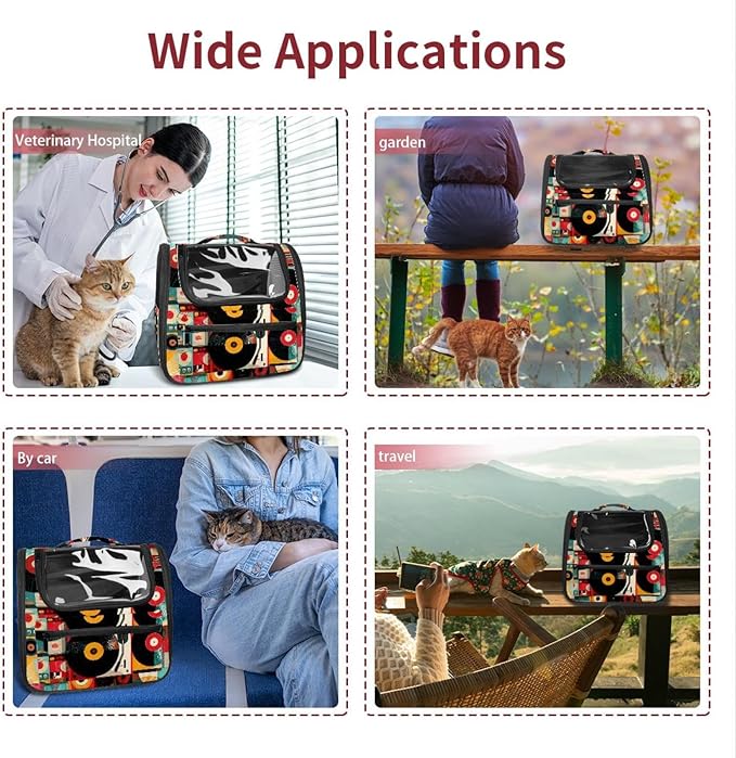 Color Record Player Pattern Traveler Backpack Pet Carriers for Cats and Dogs