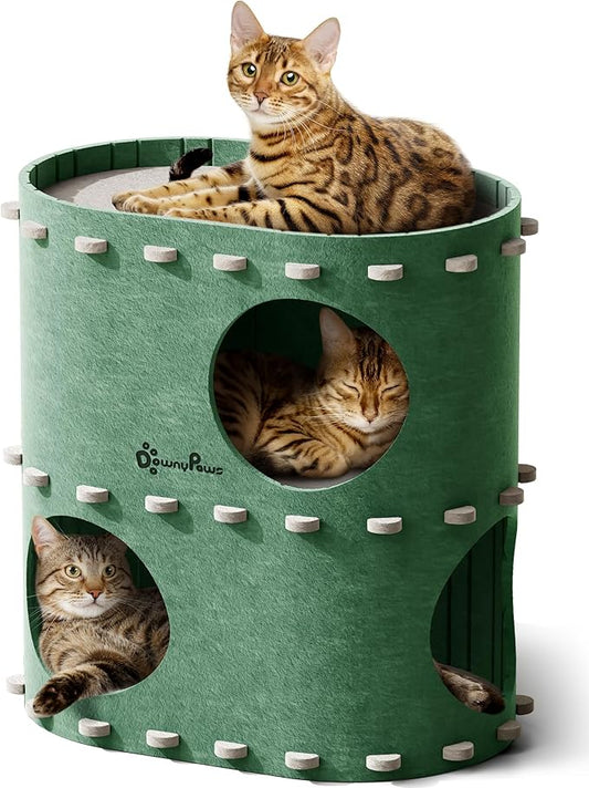 DownyPaws Cat House for Indoor Cats, 2-Storey Foldable Cat Bed Cave, Felt Cats Tunnel Bed Condo, Castle Kitten Cube Hideaway for Multicats, Scratch Resistant, Forest