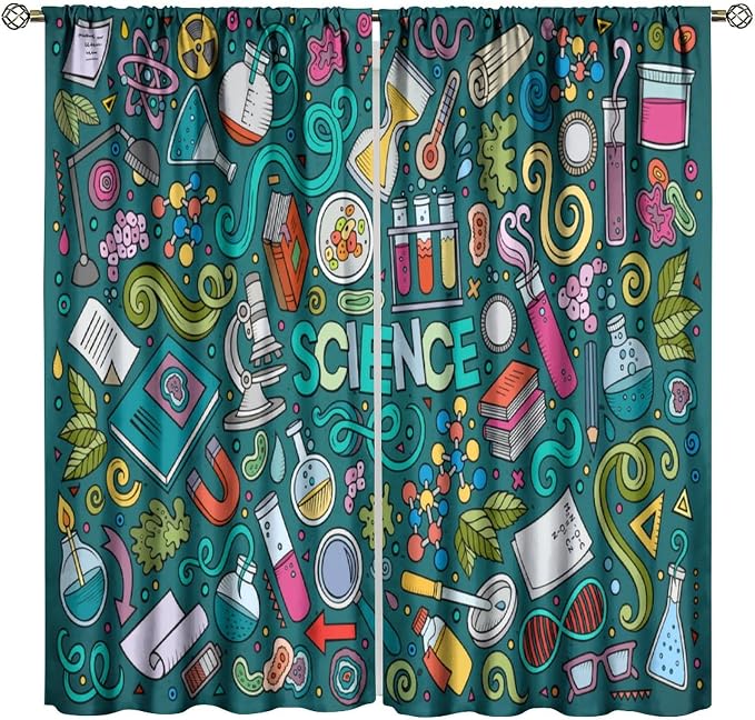Science Symbols Kids Curtain Sketches Cartoon Chemistry Physics Geometry Education Pattern Print Window Drapes for Bedroom Living Room Kitchen Decor,2 Panel Set,42x45 Inch Blackout