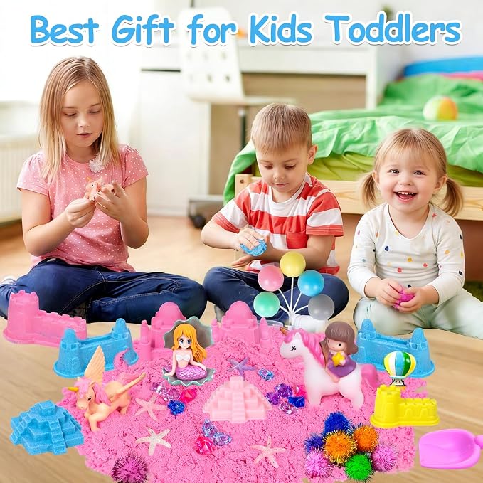 Sensory Bins, 48Pcs Unicorn Sandbox with Cover Play Sand Art Kits | Toddlers Sensory Sand Box Toys with Magic Sand, Unicorns, Mermaid, Cleaning Tools, Birthday Gifts for Kids Age 3 4 5 6 7 8