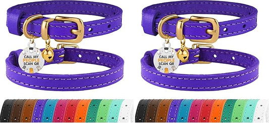 BRONZEDOG Leather Cat Collar with Removable Bells Non Breakaway Kitten QR Tag for Girl Boy (7" - 9" for Cats, Purple & Gold) (Pack of 2)