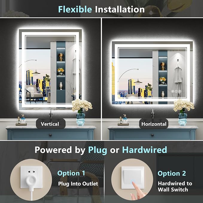 24x32 LED Bathroom Mirror with Lights, Backlit and Front Lit Anti-Fog Lighted