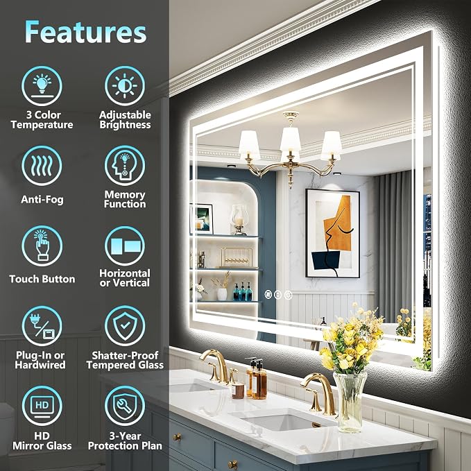 55x40 LED Bathroom Mirror with Lights, Backlit and Front Lit Anti-Fog Lighted