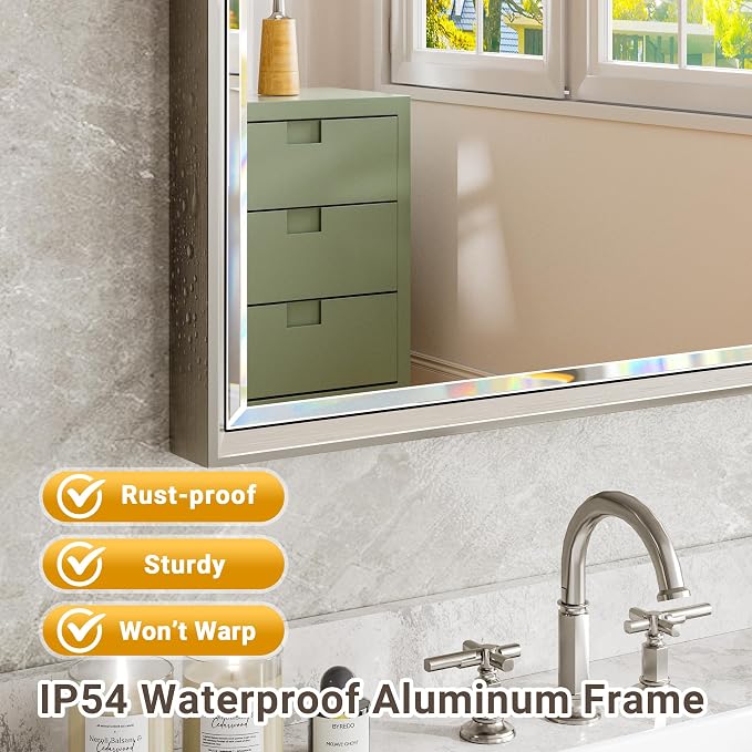 48 x 24 Brushed Nickel Bathroom Mirror, Beveled Framed Rectangle, Shatterproof