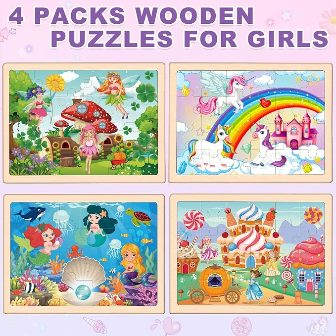 Puzzles for Kids Ages 4-6, 4 Packs Wooden Jigsaw Puzzles for Toddlers 2-4, Princess Unicorn Mermaid Fairy Preschool Educational Puzzles Boards Toys Gifts for Girls Boys 3 4 5 6