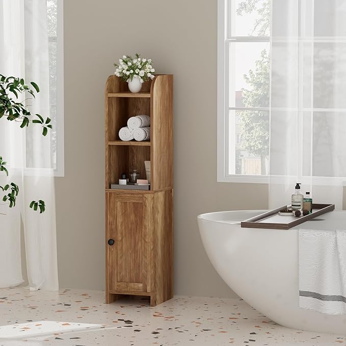 Homhedy Small Bathroom Storage Corner Floor Cabinet with Door and Shelves, Beside The Toilet Paper Stand for Skinny, Narrow Toilet Paper Cabinet, 7.9" D x 7" W x 31" H, Rustic Walnut