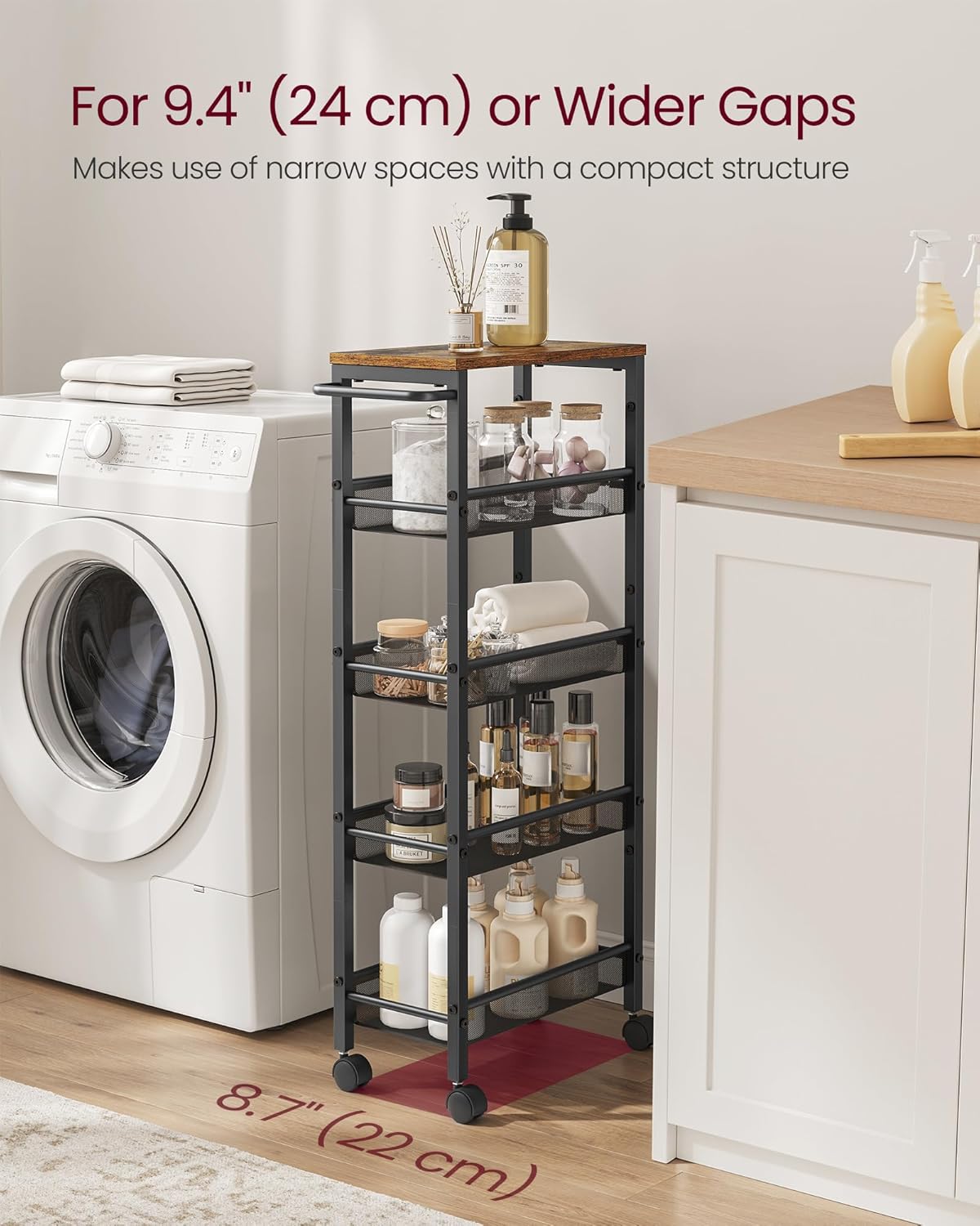 VASAGLE Slim Rolling Cart, 5-Tier Storage Cart, Narrow Cart with Handle, 8.7 Inches Deep, Metal Frame, for Kitchen, Dining Room, Living Room, Home Office, Rustic Brown and Classic Black ULRC035B01