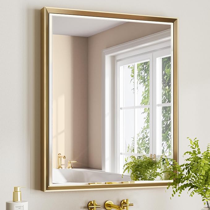 Gold Bathroom Mirror, 30x36 Brushed Gold Bathroom Mirror Beveled Edge,