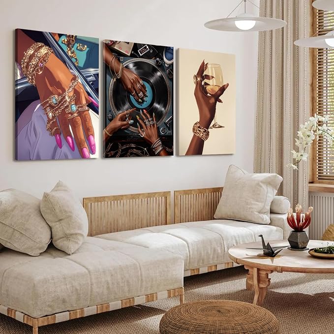 YFvrPt Black Woman Wall Art Set of 3, Trendy African American Women Wall Decor
