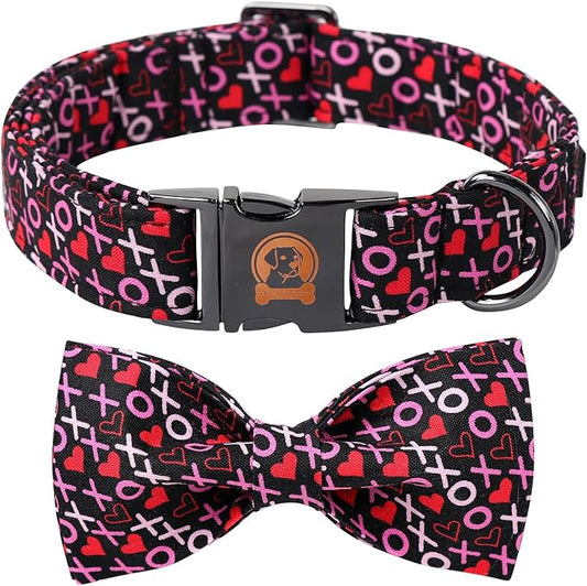 MR. CHUBBYFACE Valentine's Dog Collar with Bowtie, XOXO Red Heart Dog Collar with Metal Buckle, Cute Adjustable Boy Girl Female Collars for Small Medium Large Dogs