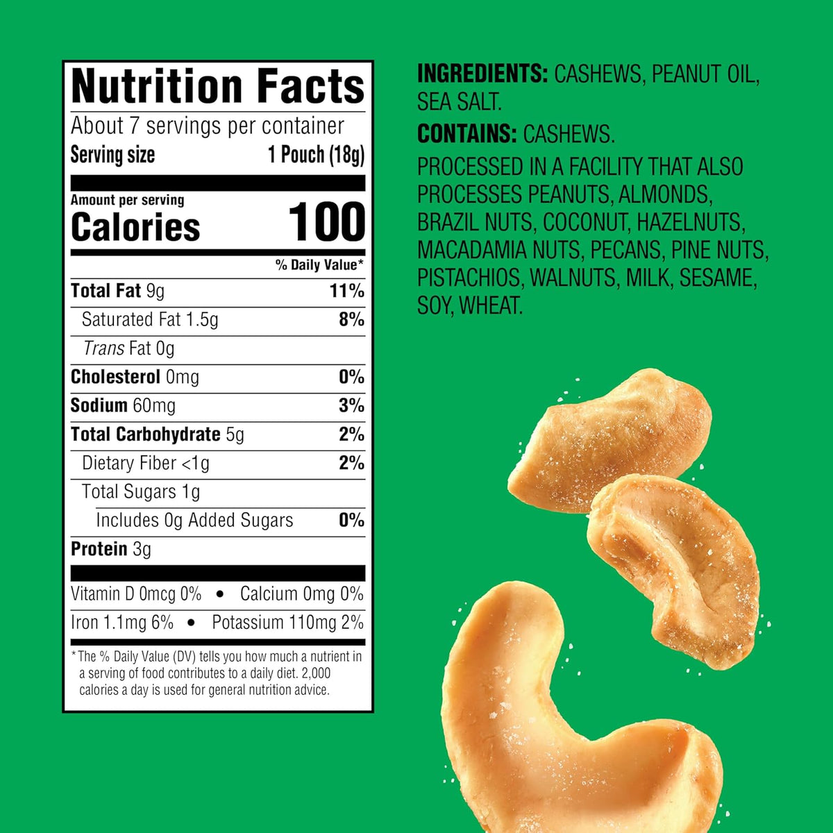 Emerald Nuts Roasted and Salted Cashews 7ct (1-Pack), 100-Calorie Individual Packs, Plant-Based Protein, Kosher Certified, Non-GMO, Contains No Artificial Preservatives, Flavors or Synthetic Colors