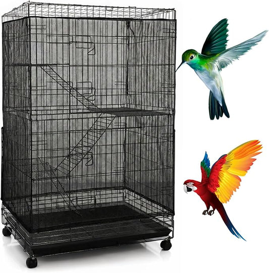 Large Bird Cage Seed Cather, Black Bird Cage Cover Universal Nylon Birdcage Net Elastic Band Skirt Seed Guard for Parrot Parakeet Macaw(118 * 31.5in/300 * 80cm)