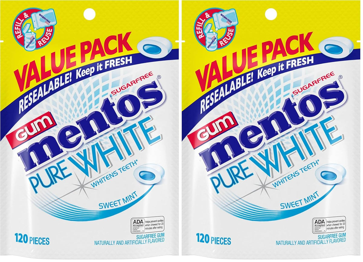 Mentos Pure White Sugar-Free Chewing Gum With Xylitol, Sweet Mint, 120 Piece Bulk Resealable Bag (Pack of 1)