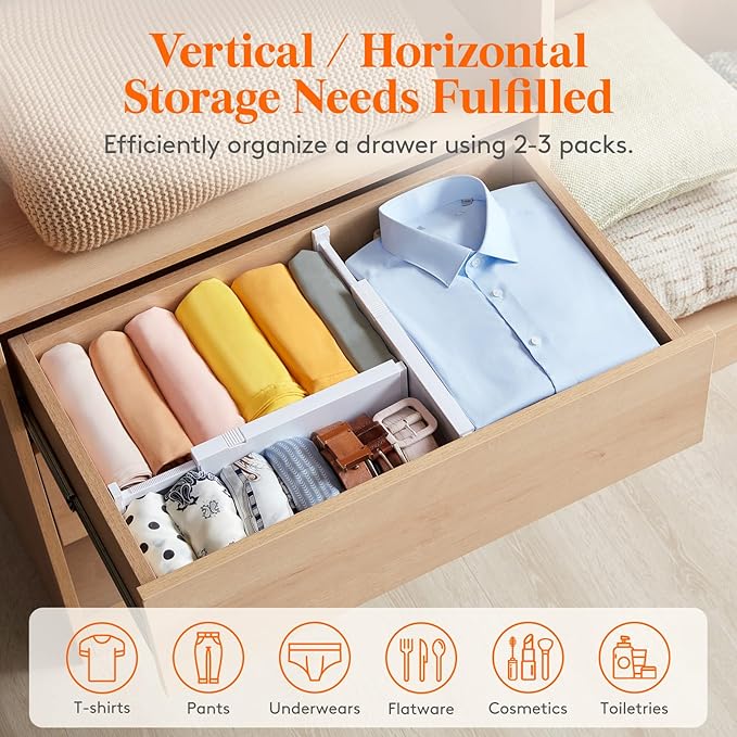 Lifewit 6 Pack Drawer Dividers for Clothes, 10.9-16" Adjustable Drawer Organizers, 4" High Plastic Expandable Drawer Separators in Bedroom/Office/Bathroom/Kitchen Storage, White