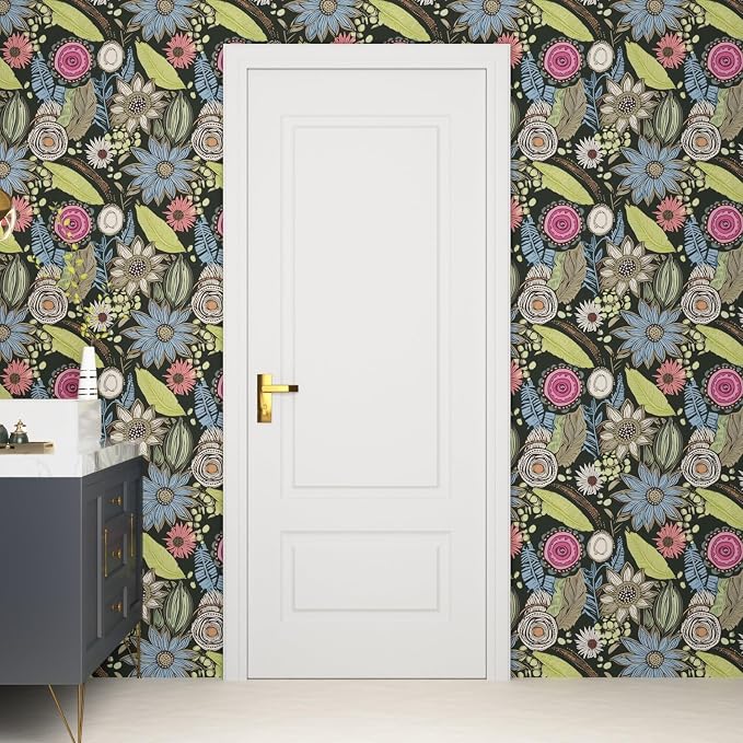 Boho Wallpaper Peel and Stick, Dark Green Vintage Floral Contact Paper