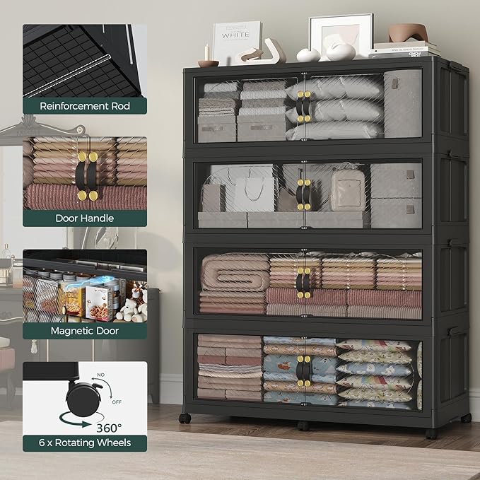 320Gal/1280QT 4-Tiers Extra Large Stackable Storage Bins with Lid, Collapsible Cabinet Closet Organizer Plastic Container Box with Wheels Doors Drawers for Office Dorm Kitchen, Black