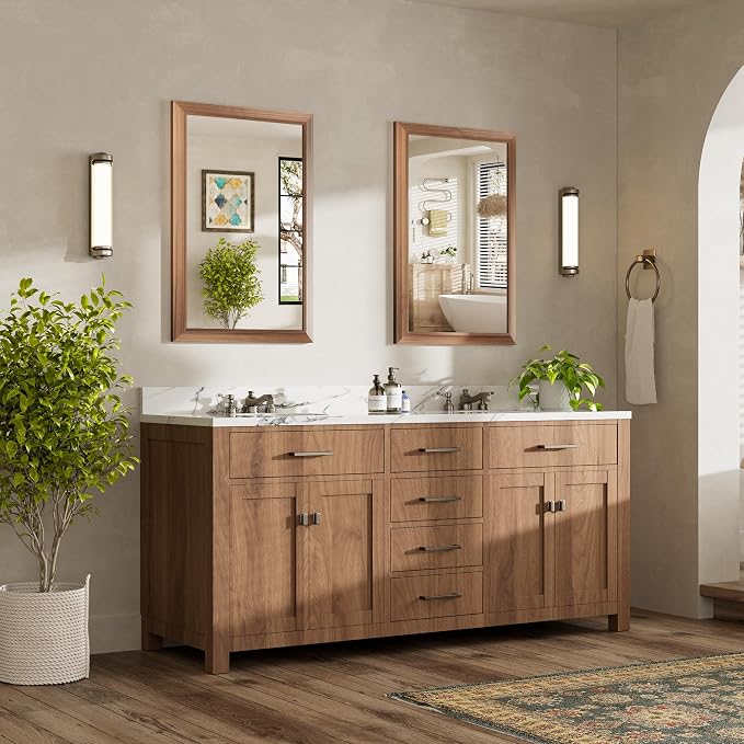 24x36 Inch Bathroom Mirror for Wall, Anti-Rust Walnut Wood Grain Metal Framed