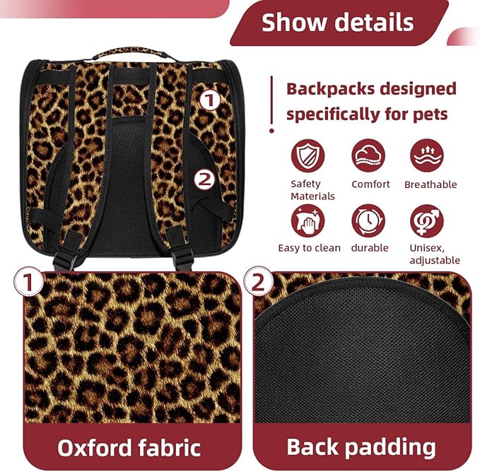Portable Travel pet Backpack Carrier Hamster Bag Small Dog cat Carrier Breathable Hang Bag, Brown Leopard Print