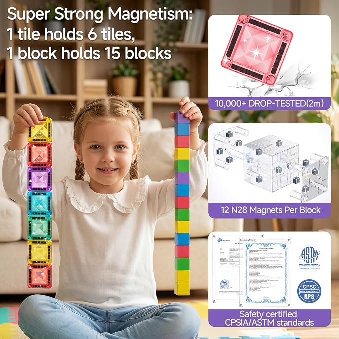 burgkidz Magnetic Tiles Travel Set: 48PCS 3-in-1 Tin Box Mini Magnet Blocks | 60-Mins Quiet Focus with 45-Second Cleanup, Perfect for Air Travel & Car Trips Boys & Girls Ages 3-8