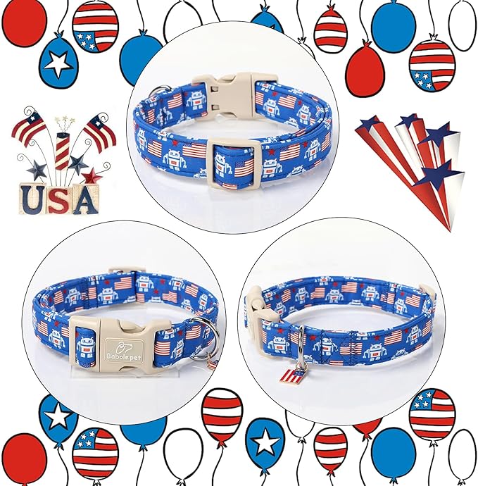 4th of July Dog Collar, Robot Star-Spangled Patriotic Dog Collars for Puppy Small Dogs, Adjustable Lightweight Quick-Release Buckle Collar for Boy&Girl Dogs XS