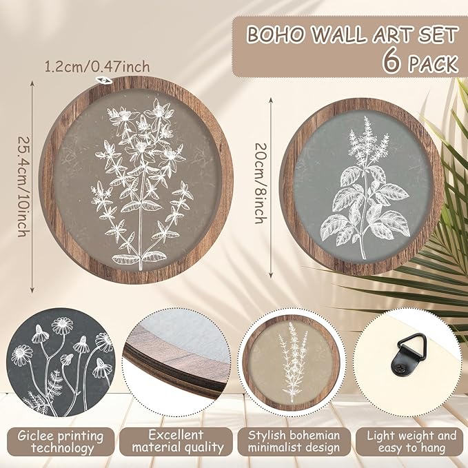 Threehoney 6 Pcs Framed Botanical Wall Art Set Floral Wall Art Vintage Boho