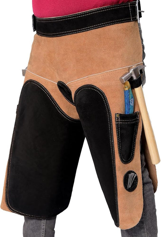 Equine Care Professional Farrier Apron - Premium Leather Farrier Chaps with EVA Foam Padding, Adjustable Ergonomic Fit, 2 Hoof Knife Pockets & 2 Nail Magnets, for Hoof Trimming & Horseshoeing Tasks.