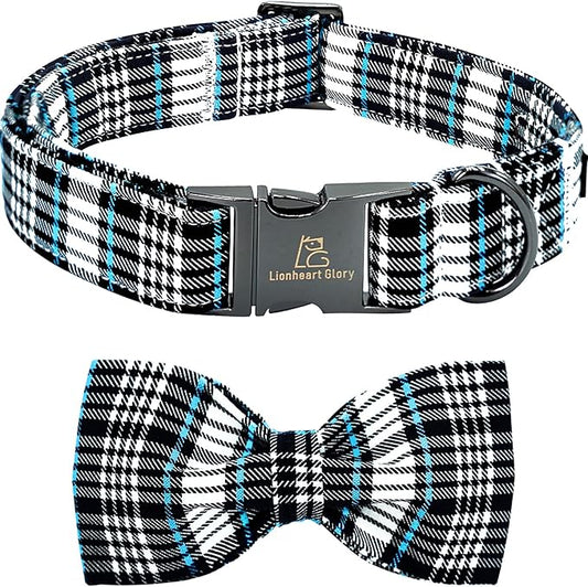 Lionheart glory Dog Bow Collar Blue and Black Plaid Dog Collar for Small Dogs,Boy Dog Collars with Bowtie Spring Summer Collars Soft Adjustable Pet Collar Bows