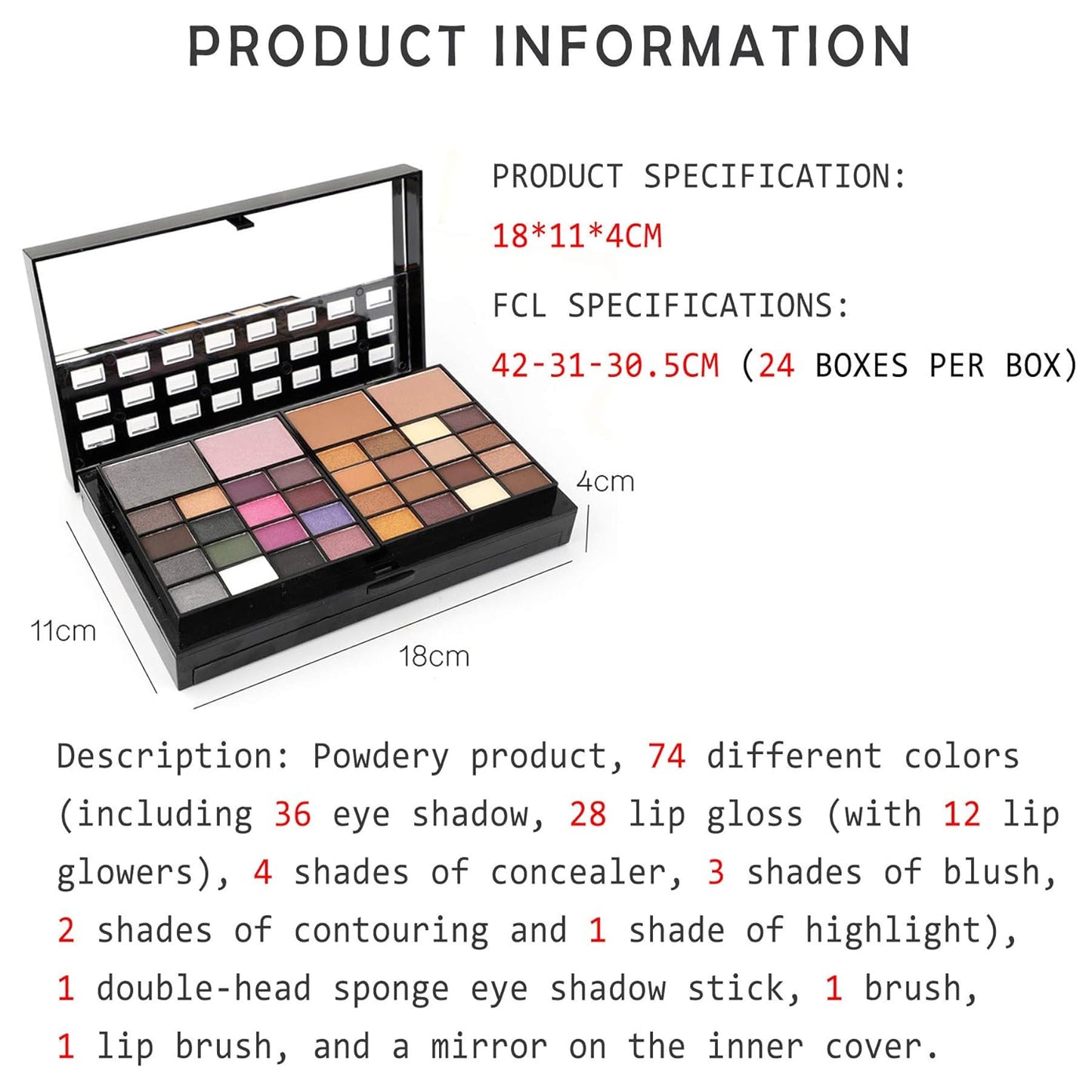Professional Makeup Palette Set, 36 Colors Eyeshadow + 28 Lip Glosses + 4 Concealer Powder + 3 Blushers + 2 Contouring + 1 Highlight + 3 Brushes + Mirror, Make Up Palette Set