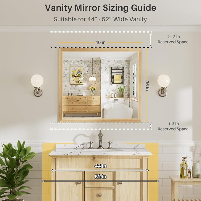 40x36 Inch Bathroom Mirror for Wall, Anti-Rust Oak Wood Grain Metal Framed