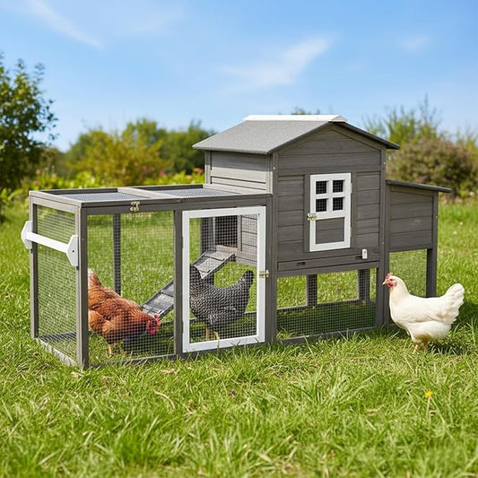 79" L Chicken Coop and Run, Large Chicken Hen House Indoor Outdoor with Wheels, Nesting Boxes, Removable Tray, Two Story Wooden Poultry Cage for Chickens Quails Small Animals(Grey)