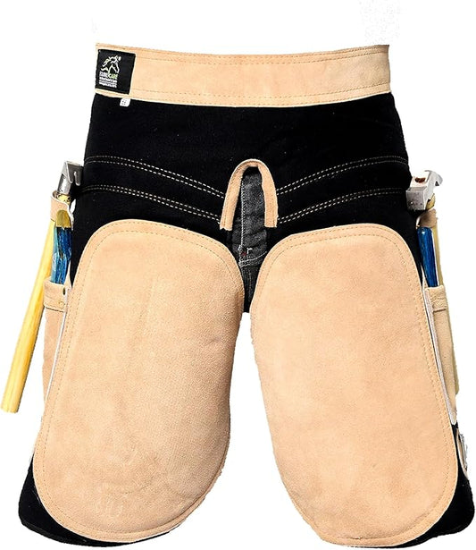 Equine Care Farrier Apron Chaps – 2mm Cowhide Suede Leather, 500 GSM Canvas, 23" Length, Adjustable Waist (28–52"), Ambidextrous Knife Pockets, Magnets & Loops – Horseshoeing & Hoof Trimming.