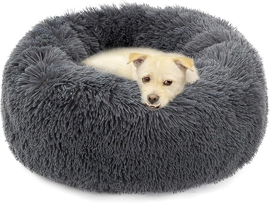 Donut Bed Medium Size Dog, Calming Soft Round Cuddler Dog Beds Fluffy Plush Faux Fur Pet Beds (24", Dark Grey)