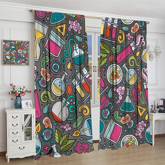 Science Physics Curtains, Abstract Math Chemistry Curtain Scientist Graffiti Print Window Treatments for Kids Teens Bedroom Living Room Set 2 Panels,42x63 Inches