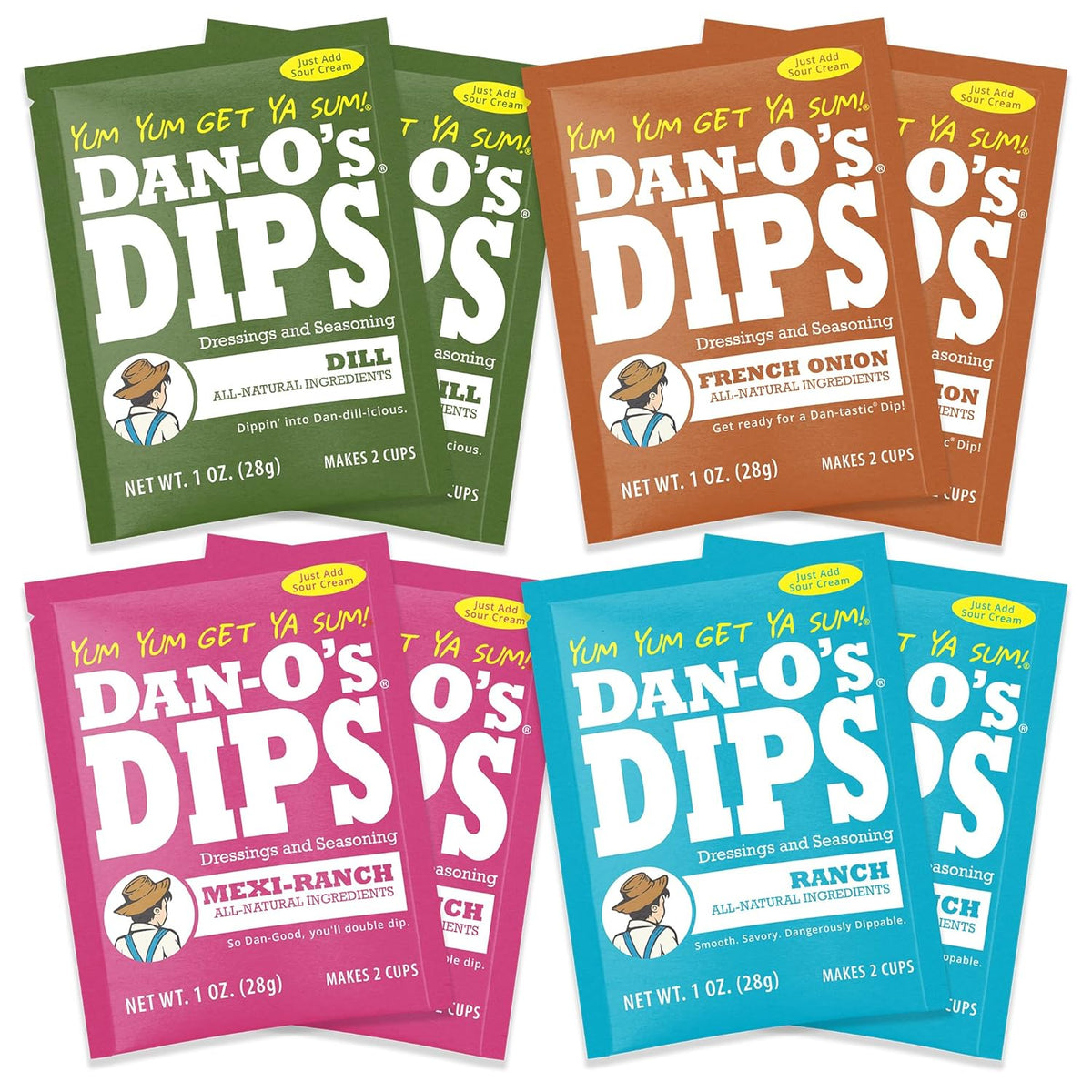 Dan-O’s Dips Variety Pack (8 Pack) – Ranch, Mexi-Ranch, French Onion & Dill Dip Mixes – All-Natural Seasoning Packets – Just Add Sour Cream or Greek Yogurt – No Artificial Ingredients