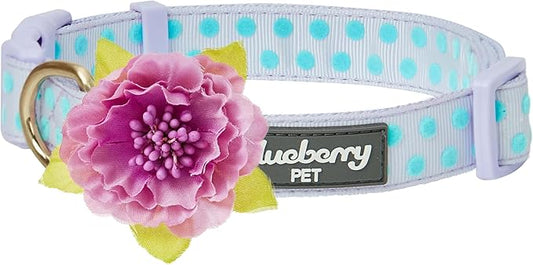 Blueberry Pet Flocking Dog Collar, Small Girl Dog Collar with Silk Flower, Polka Dot Pastel Purple, Adjustable Dog Collars for Small Dogs, 12"-16" Neck, Eco-Friendly Buckles