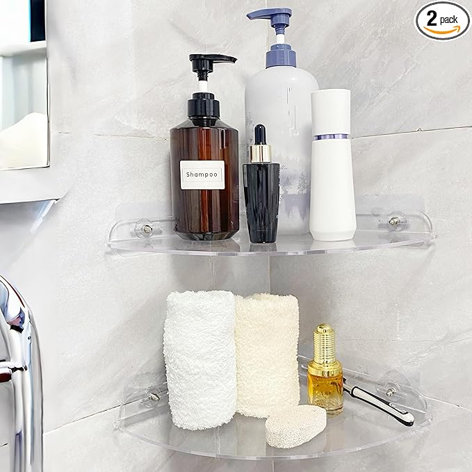 Acrylic Corner Shelves, Adhesive Shelf, Shower Caddy Organizer for Home Decor,Clear Shower Shelf,No Drilling Wall Mounted Bathroom Shelves (Clear 10 inch 2 set)