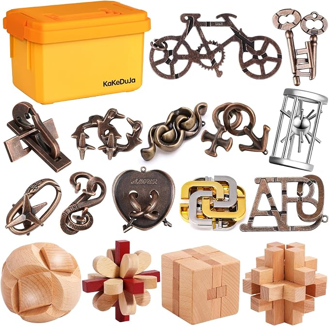 16 PCS Metal & Wooden Brain Teaser Puzzle Set – Challenging Logic & Ring Puzzles for Adults, Entertaining & Thoughtful Gift for Family and Loved Ones