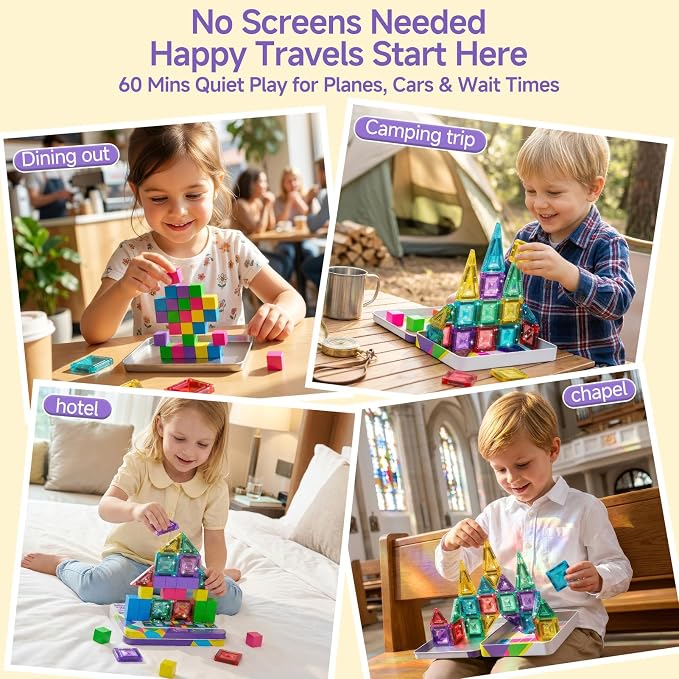 burgkidz Magnetic Tiles Travel Set: 48PCS 3-in-1 Tin Box Mini Magnet Blocks | 60-Mins Quiet Focus with 45-Second Cleanup, Perfect for Air Travel & Car Trips Boys & Girls Ages 3-8