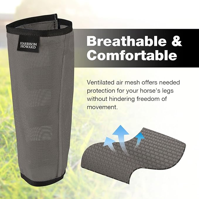 Harrison Howard Loose Fitting Fly Boots UV-Protective Extra Tough Mesh Ventilated Four Fasteners Stay-on Design Protect Horse Legs & Stomp-Reducing Set of 4 Dark Grey Small