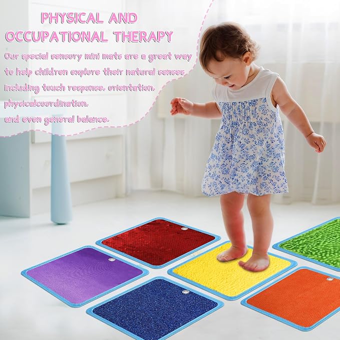 Boao 8 Set Mini Sensory Mats Assorted Textured Play Mats Sensory Floor Tiles Educational Tactile Toys for Activity(7.9 Inch,Square)