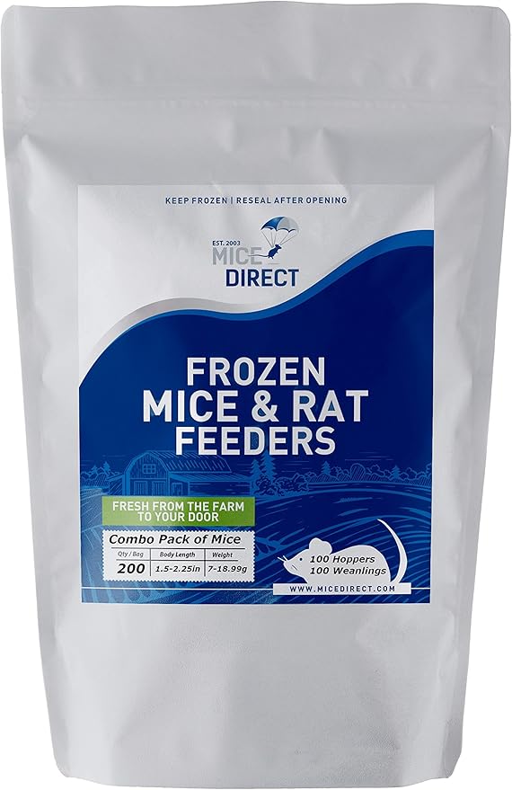 MiceDirect EST. 2003 Frozen Mice Combo Pack of 100 Hoppers and 100 Weanling Feeders Snake Food for Juvenile Ball Python (1.5-2.5 in)(2000 Grams Min)(200 Count)