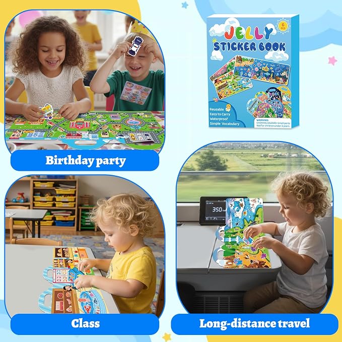 4 Pack Jelly Reusable Sticker Books for Toddlers | Toddler Toys,Birthday Gifts for Boys Girls,Airplane Travel & Road Trip Essentials Kids
