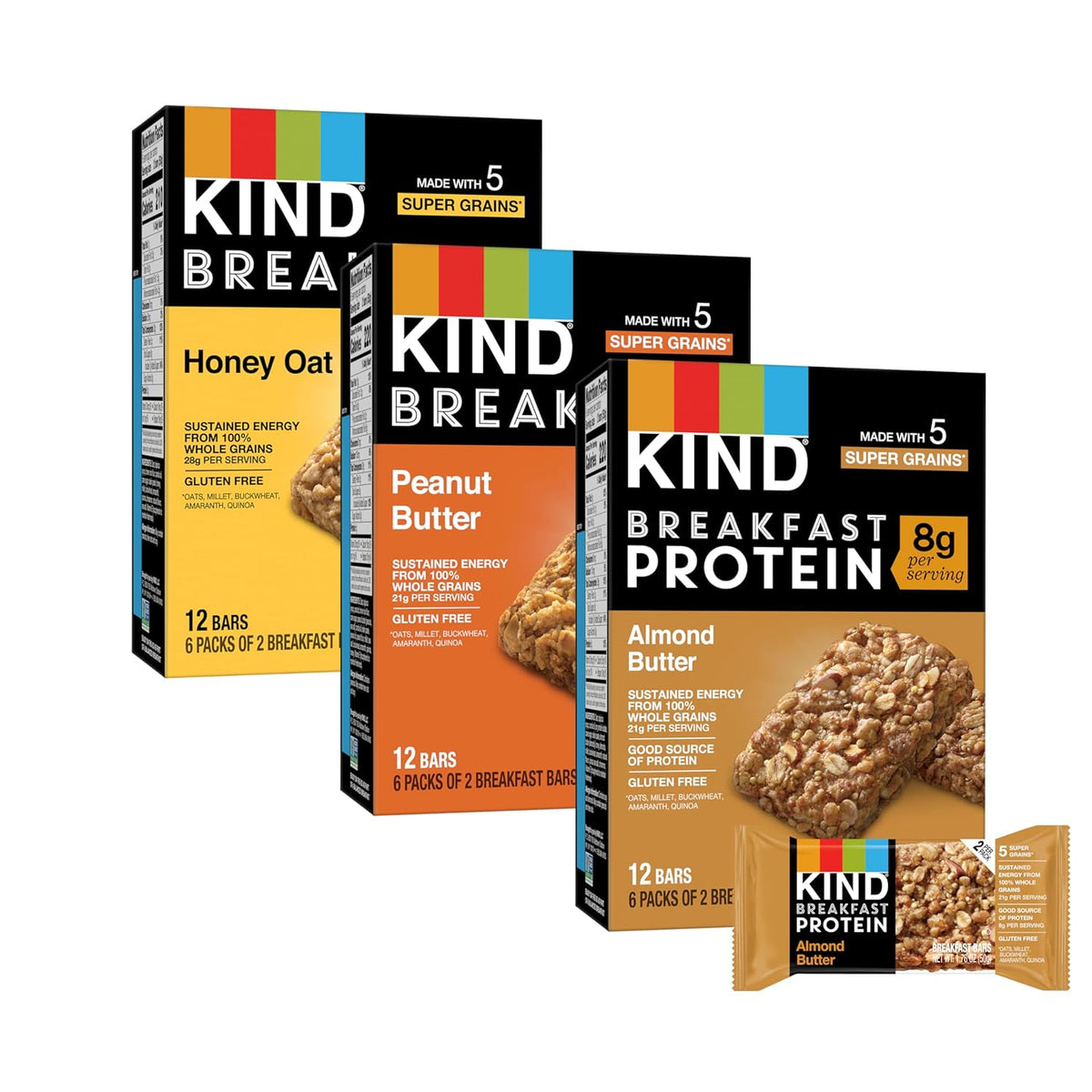 KIND Breakfast Bars Variety Pack, Gluten Free, Low Sodium, Healthy Snacks, Honey Oat, Almond Butter, Peanut Butter, 3-8g Protein, 18 Count (18 Packs of 2 Bars)