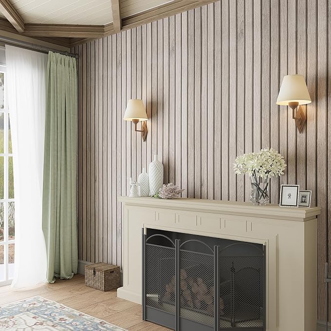 VEELIKE Rustic Grey Oak Wood Slat Wallpaper Peel and Stick Faux Wood Panel Wall