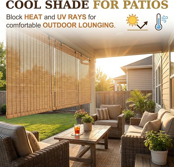 Glimer Bamboo Blinds for Interior Windows, Natural Roll Up Bamboo Shades for