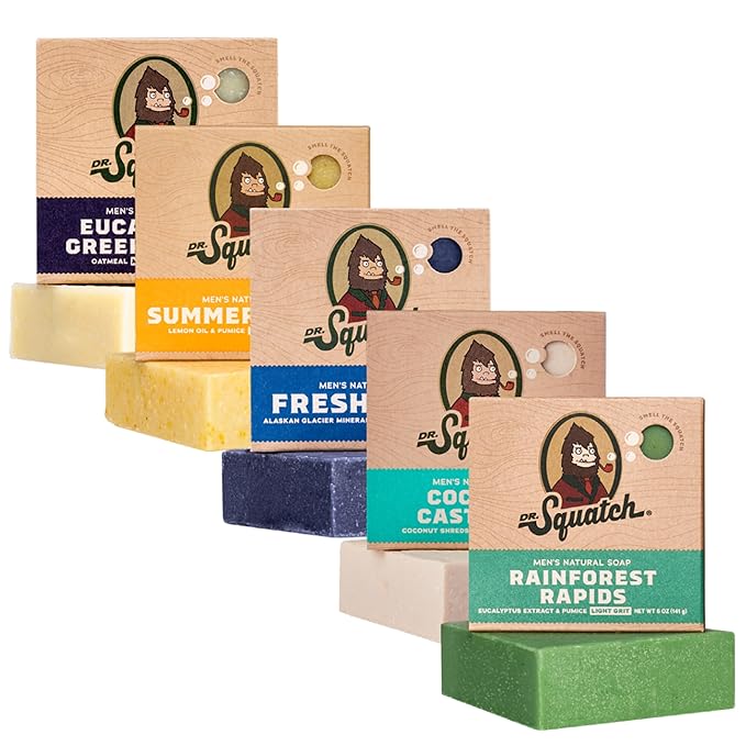 Dr. Squatch Natural Bar Soap for Men Variety Gift Set - Cold Process Soap No Harsh Chemicals - Rainforest Rapids, Coconut Castaway, Fresh Falls, Summer Citrus & Eucalyptus Greek Yogurt (5 oz, 5-Pack)