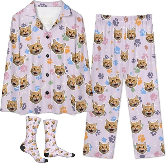D-Story Personalized Pajamas with 1-8 Faces for Women Men, Custom Christmas Pjs, Pajamas Gifts For Family,Cat Mom,Dog Mom