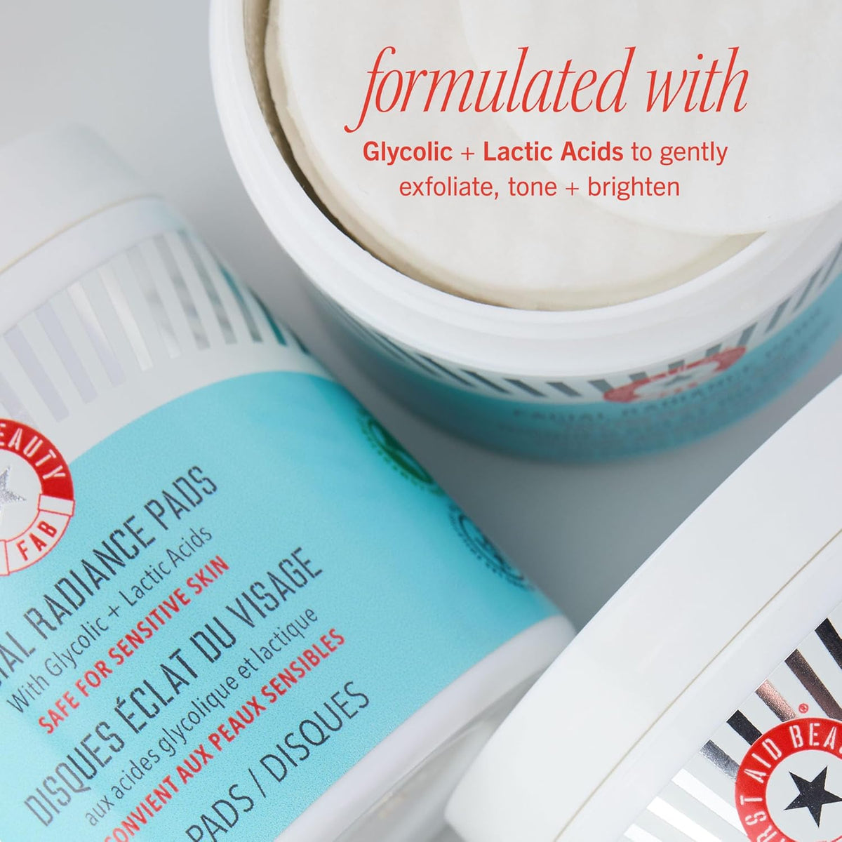 First Aid Beauty - Facial Radiance Pads with Glycolic & Lactic Acids, Daily Exfoliating Pads with AHA, Visibly Smaller Pores, Help Tone & Brighten Skin, One-Step Makeup Prep, Compostable, 28