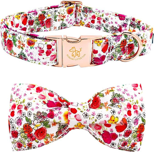 Elegant little tail Dog Collar, Pink Rose Print Pet Collar Summer Dog Collar Durable Metal Buckle Dog Collars Cotton Pet Adjustable Dog Collars for X-Small Dogs